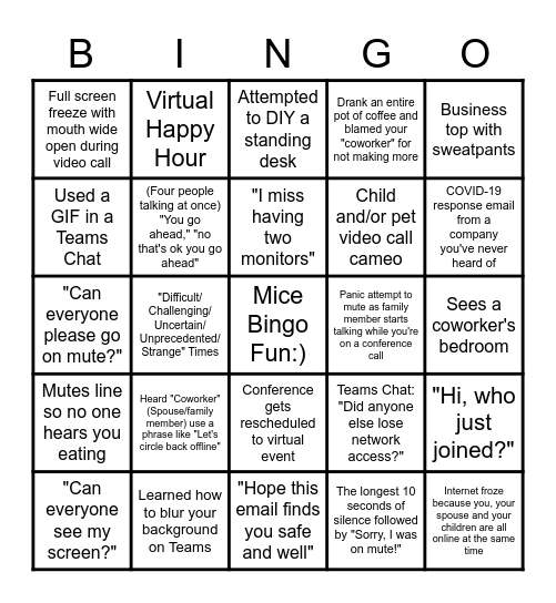 Working From Home Bingo Card