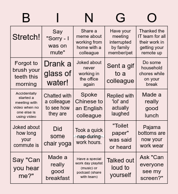 Remote Work Bingo Card