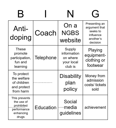 National Governing Bodies Bingo Card