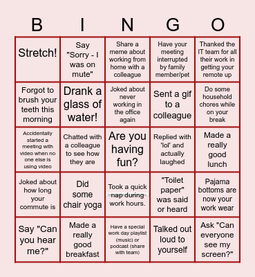 Remote Work Bingo Card