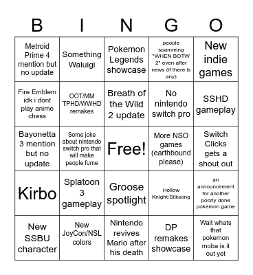 Nintendo E3 Bingo Card