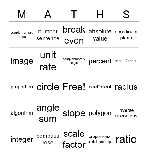 math bingo Card
