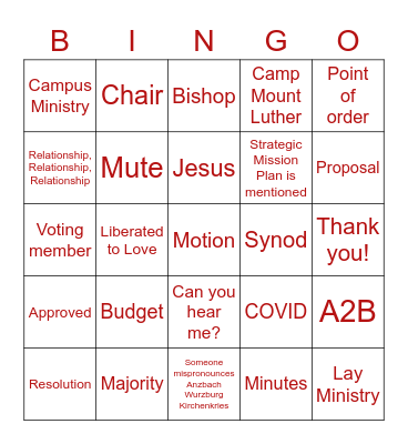 Upper Susquehanna Synod Assembly Bingo Card