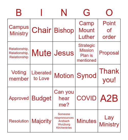Upper Susquehanna Synod Assembly Bingo Card