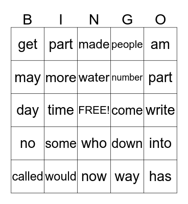 1st Grade Sight Words Bingo Card