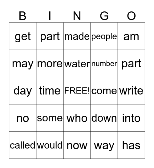 1st Grade Sight Words Bingo Card