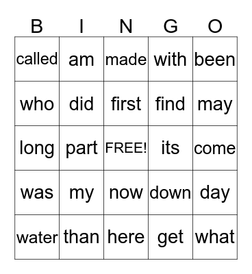 1st Grade Sight Words Bingo Card