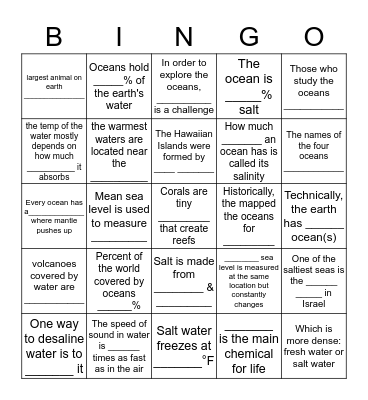 Chapter 14- Oceans and Seas Bingo Card
