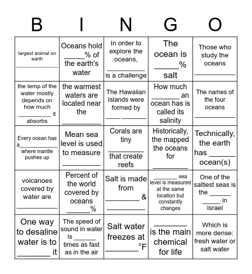 Chapter 14- Oceans and Seas Bingo Card