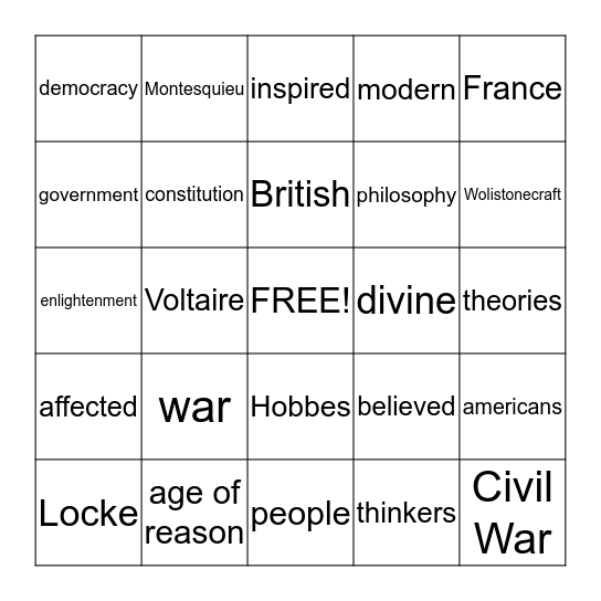 The Age of Reason Bingo Card