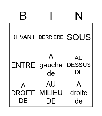 LES PREPOSITIONS Bingo Card