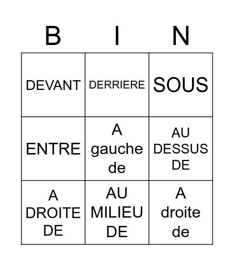 LES PREPOSITIONS Bingo Card