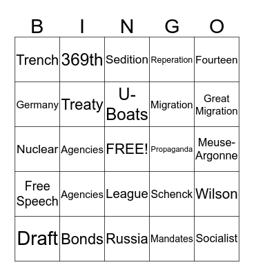 World War I Bingo Card