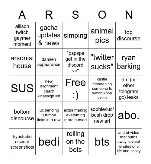 arsonist bingo Card