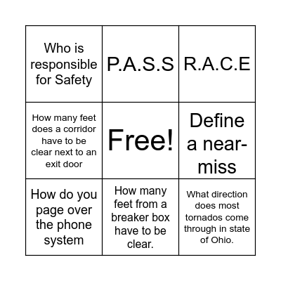 Safety Bingo Card