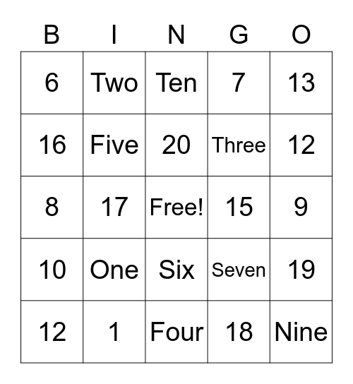 Number and Number Words Bingo Card