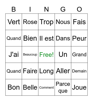 FRENCH SIGHT WORDS Bingo Card