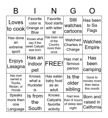 Caliyah's 1st Birthday Bingo Card