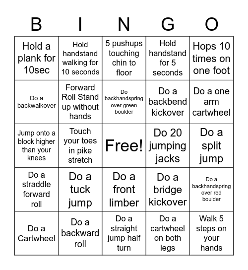 Gymnastics Bingo Card