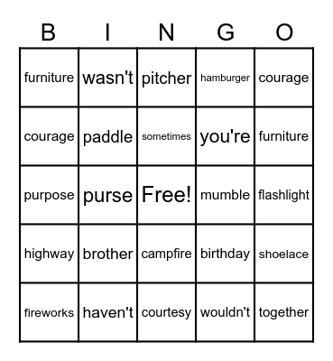 Spelling Final Exam Bingo Card