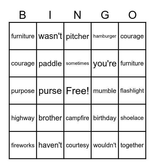 Spelling Final Exam Bingo Card