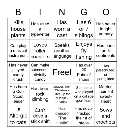 Get to know you Bingo Card