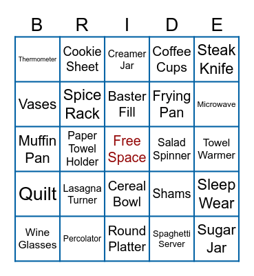 Bridal Bingo Card