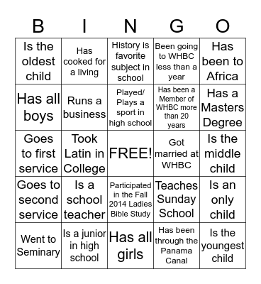 Women of the Church  Bingo Card