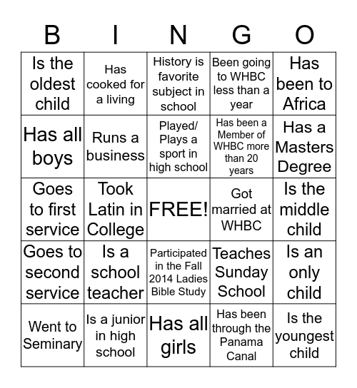 Women of the Church  Bingo Card