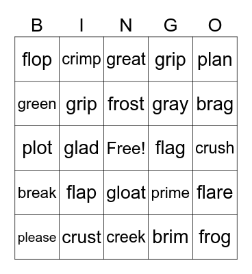 Consonant Blends Bingo Card