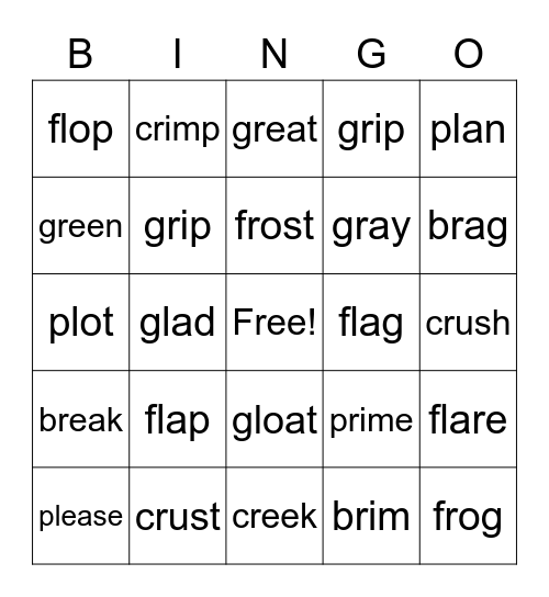 Consonant Blends Bingo Card