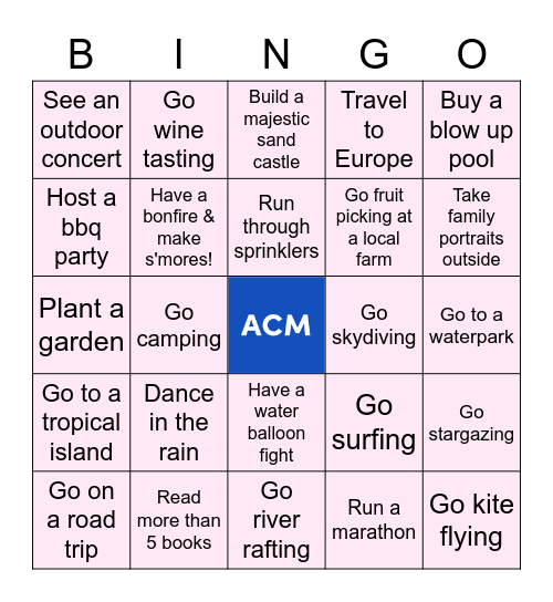 Summer Bucket List Bingo Card