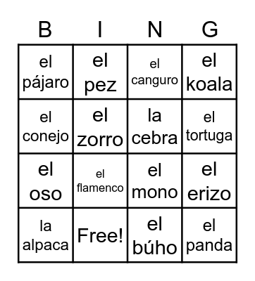 Bingo de Animales Bingo Card