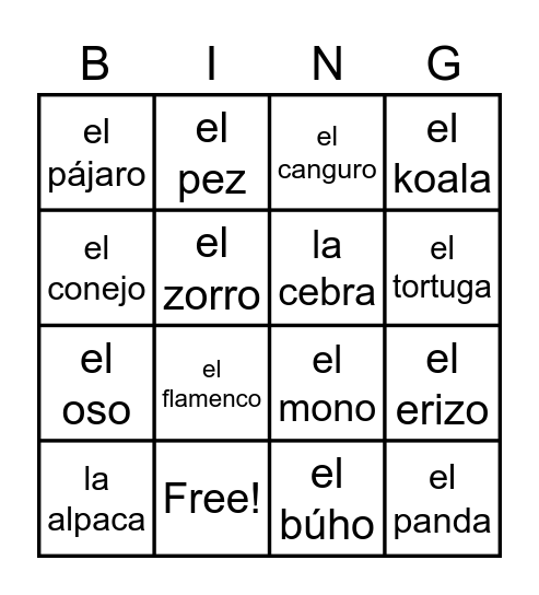 Bingo de Animales Bingo Card