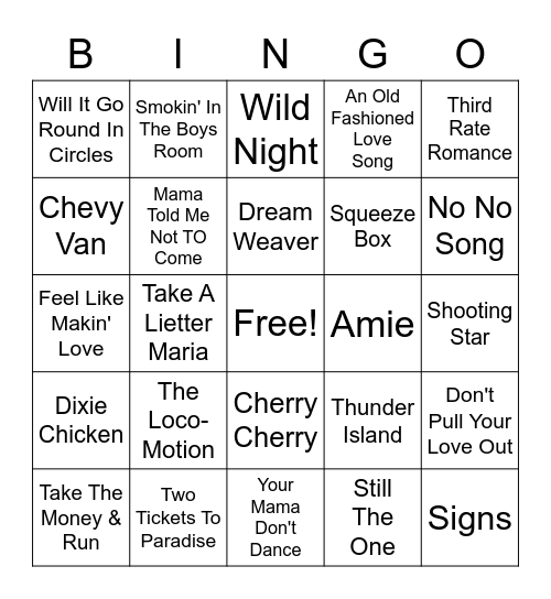 70s Hits Bingo Card