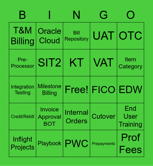 SAP PS Billing Celebration Bingo Card