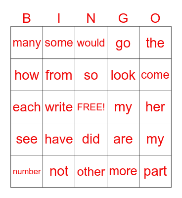 Kindergarten Bingo Card