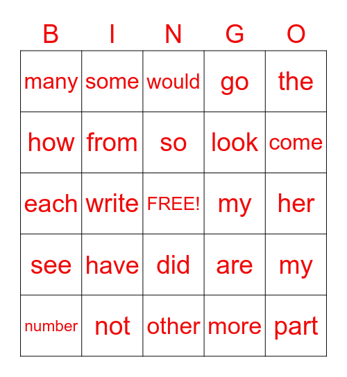 Kindergarten Bingo Card