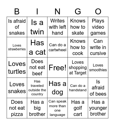 Get to Know Each Other Bingo Card