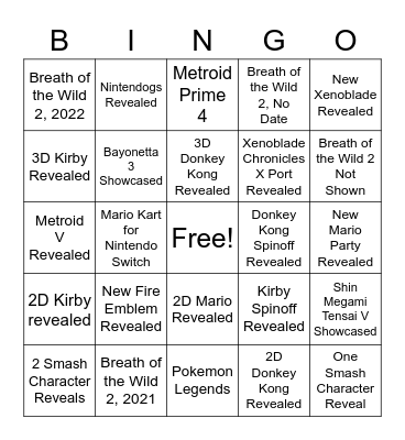 Nintendo E3 Bingo Card