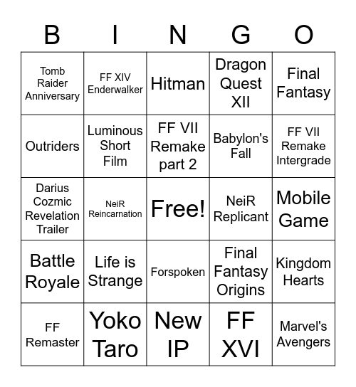 Square Enix Bingo Card