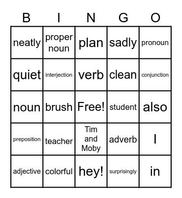 Parts of Speech Bingo Card