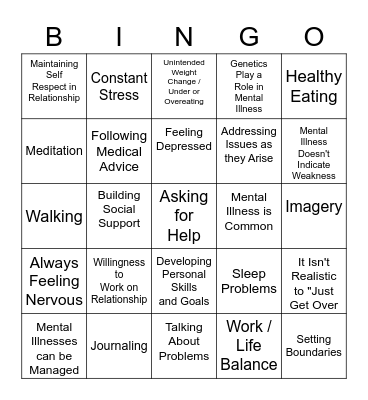 Mental Health Bingo Card