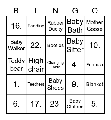 Baby Style Bingo Card