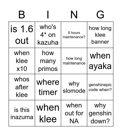 gen chat patch day Bingo Card