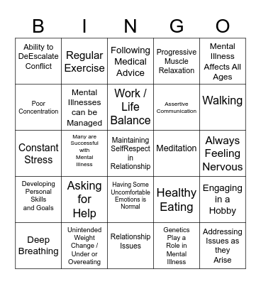 Mental Health Bingo Card