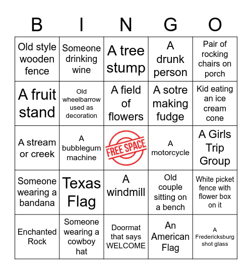 Fredericksburg BINGO Card