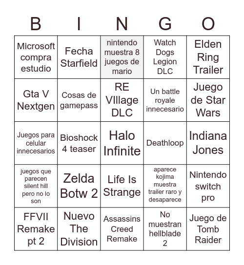 e3 2021 Bingo Card