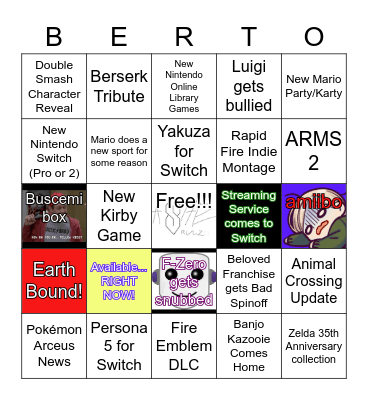 Ashtray's Nintendo Direct Watch Party Bingo Card