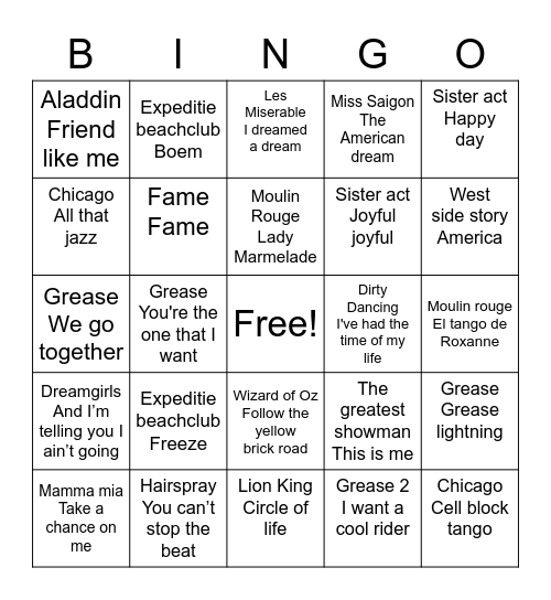 Musical Bingo Card